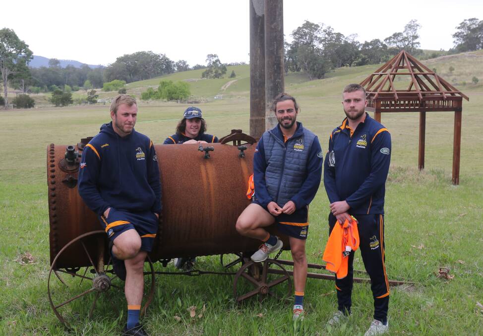 Will Miller, Lachlan Lonergan, Andy Muirhead and Mack Hansen check out the grounds at the BlazeAid camp in Bemboka. 