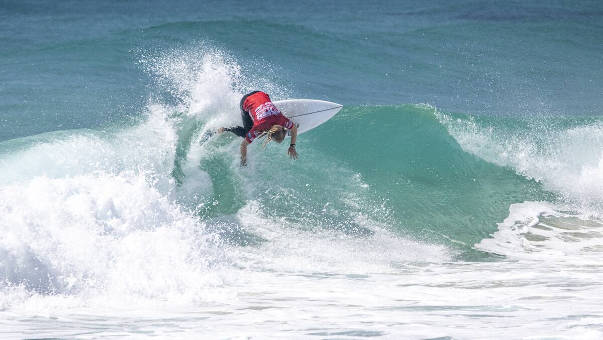 On top: Merimbula surfer Freya Prumm carved up punchy waves to secure a win in Surfing NSW's Surfing Open series visit. Picture: James Robinson / Surfing NSW 