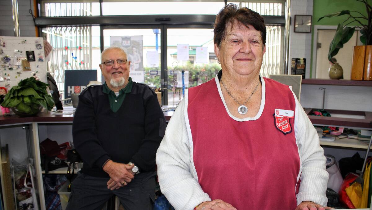 The Salvation Army Family Store volunteers Barry Handcock and Dot Chapman at Saturday's Red Shield Appeal launch in Bega. Picture: Alasdair McDonald