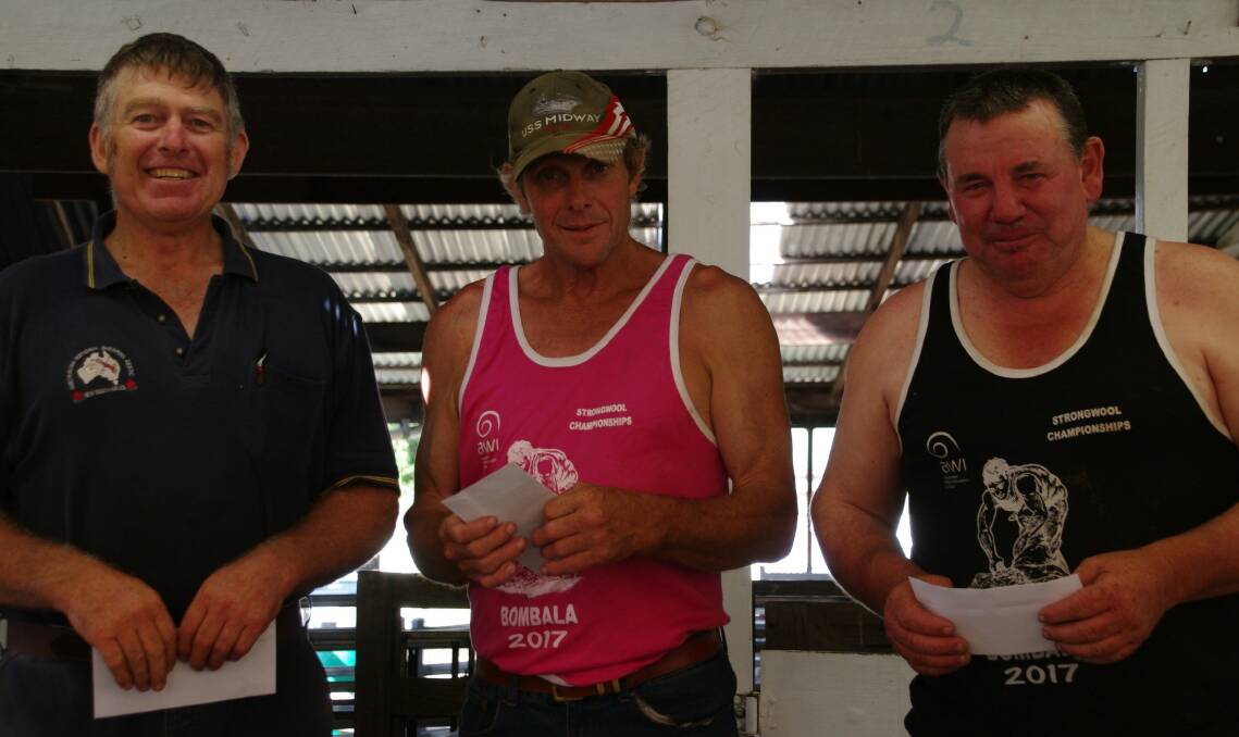 Winning veteran shearers at the Strong Wool shearing competition in Bombala were Terry Byrne first, Marty Black third and John Moreing second.