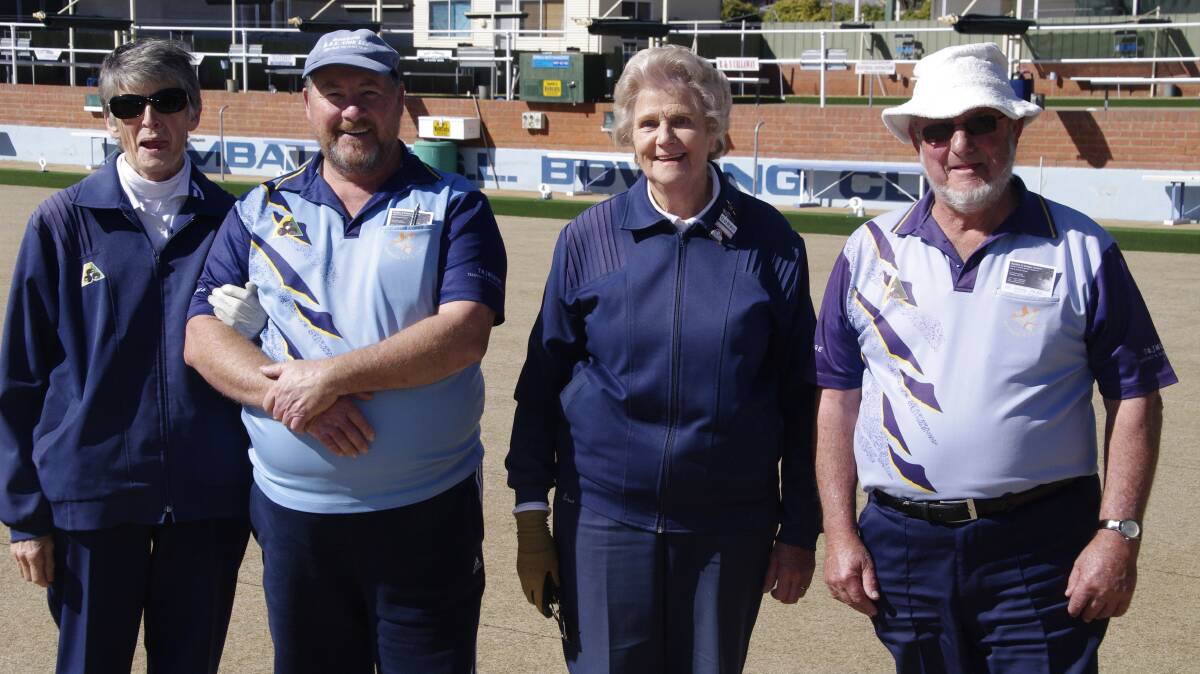 Bombala bowlers Kathy Kane, Greg Criggs, Glad Hurley and Kevin Callaway prepare to lay down a few bowls in Bombala at the weekend.