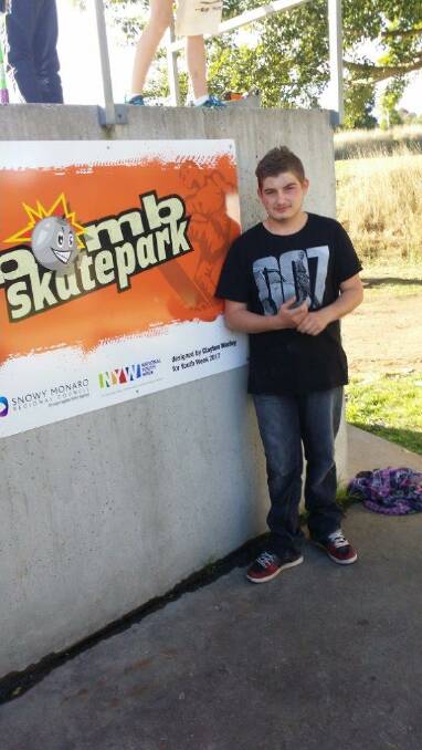 BOMB SKATE: The new sign at the Bombala skate park was designed by young local lad Clayton Worley and unveiled during Youth Week.