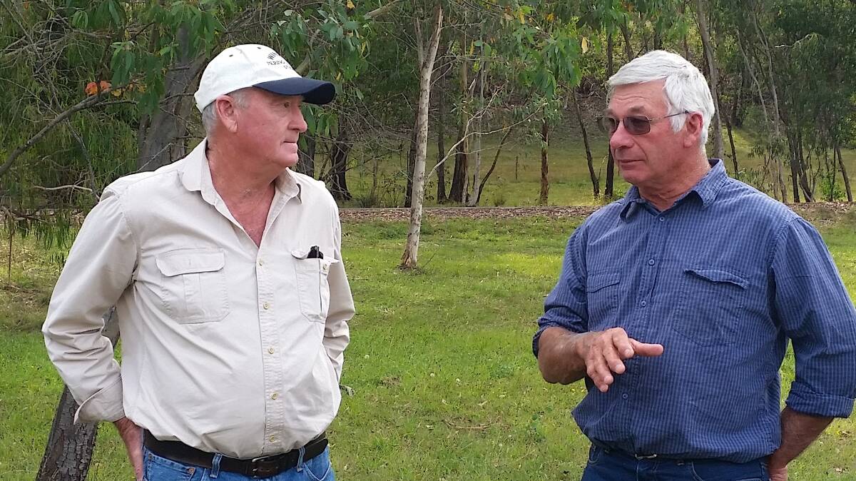 Colin Seis (left) speaks with Bendoc Farmer Eddie Sellers (right) about managing Winter feed gaps in order to promote soil health. 