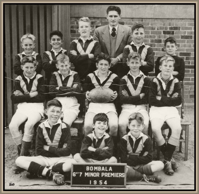 Bombala Schoolboys Rugby League Footballers 6 Stone 7 Minor Premiers team with coach Des Thomas. Back left: Barry White, Harold (Foreman) Bowden, John Ingram, Gary Elton and Gary Jones.Middle row: Danny Peisely, Athol Dent, Ron Jones, Ron Smith and Gary Frazer. Front row: Allen Cowell, Darrell Jones and Brian Ralph.