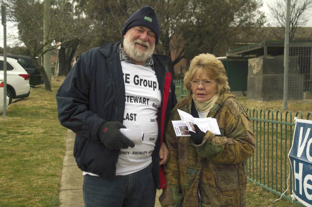 Jak Cuttle and his wife Chris braved the cold weather on Saturday to lend their support to Group A including Bob Stewart at the Snowy Monaro Regional Council election.