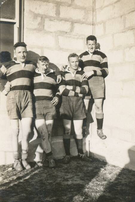 This week's Golden Oldie is of four footy players outside the Bombala Exhibition Hall  in the late 40s, early 50s.