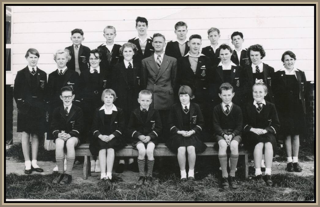 Class captains and deputy's at Bombala Central School in 1958. They were from back left - Tony Daley, Barry White, Gary Jones, Ray Turnbull, Kevin White and Daryl White. Middle: Fay Brotherton, Fay Chaplin, Jan Ingram, Margaret Brotherton, Herbie K. Paterson, Gary Elton, Bev Ingram, Norma Crouch and Pam Hite. Front: Tony Hain, ? , Margaret Hite, Kerry White, Wendy Brotherton, ? and Betsy Cowell.