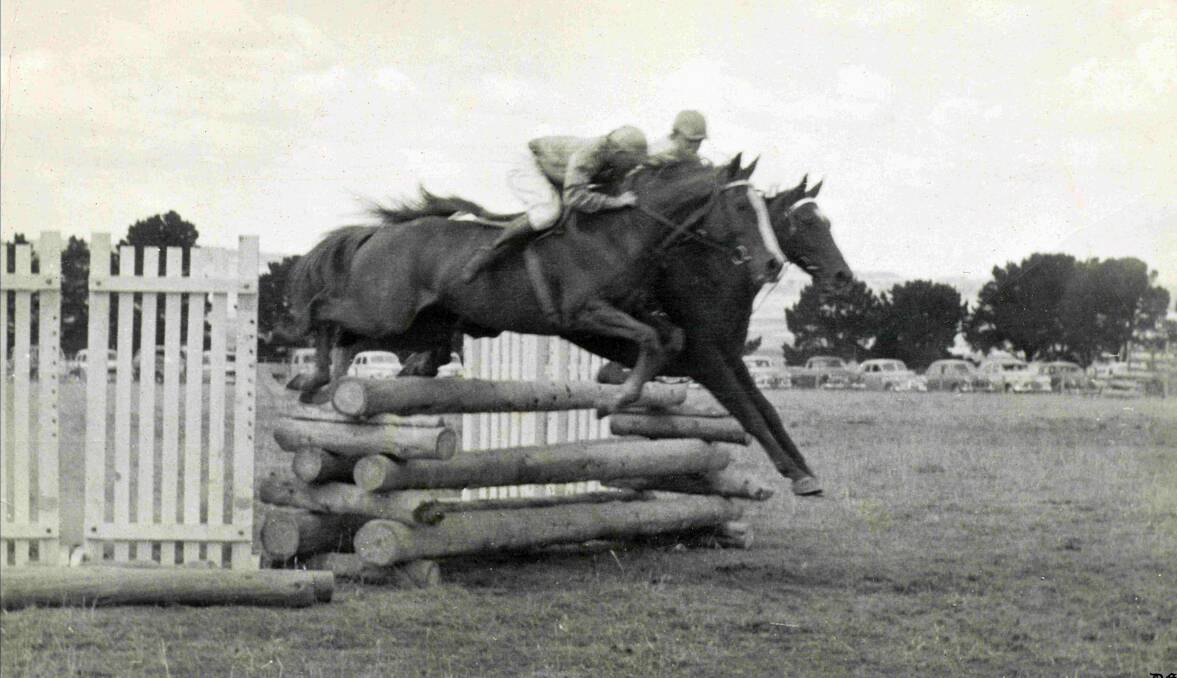 Golden Oldie: Leslie (Copper) Farrell on 'Hero' front and Brendon Ventry on 'Red Rocket' at the Delegate Show Jumping in the '50's. 