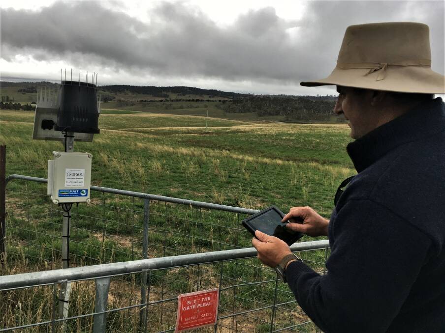 Angus Hobson on his property, “Bukalong”, near Bombala, hosting one of the soil moisture probes being used to gather forecasting data on the Monaro.