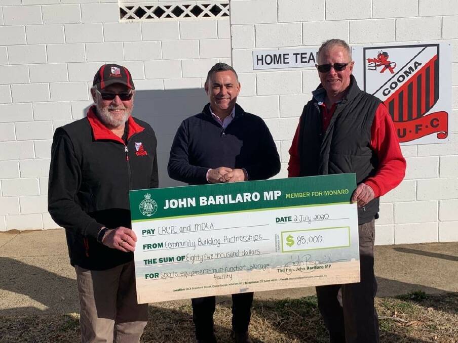 Member for Monaro John Barilaro with Cooma Rugby Union Football Club life member Brian Coyte and Monaro District Cricket Association President Mark Williams.