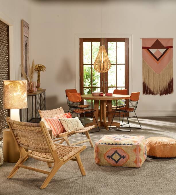 MOROCCAN: Complete the look with a medley of bright, patterned rugs and cushions, buffed leather accessories, decorative pendants and woven wall hangings. Image courtesy of Carpet Court.