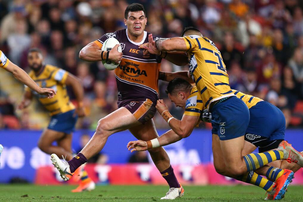 The Broncos' David Fifita in action against Parramatta Eels. The damaging young foward is being tempted by big money to switch to the Gold Coast Titans. Photo: Jono Searle/Getty Images