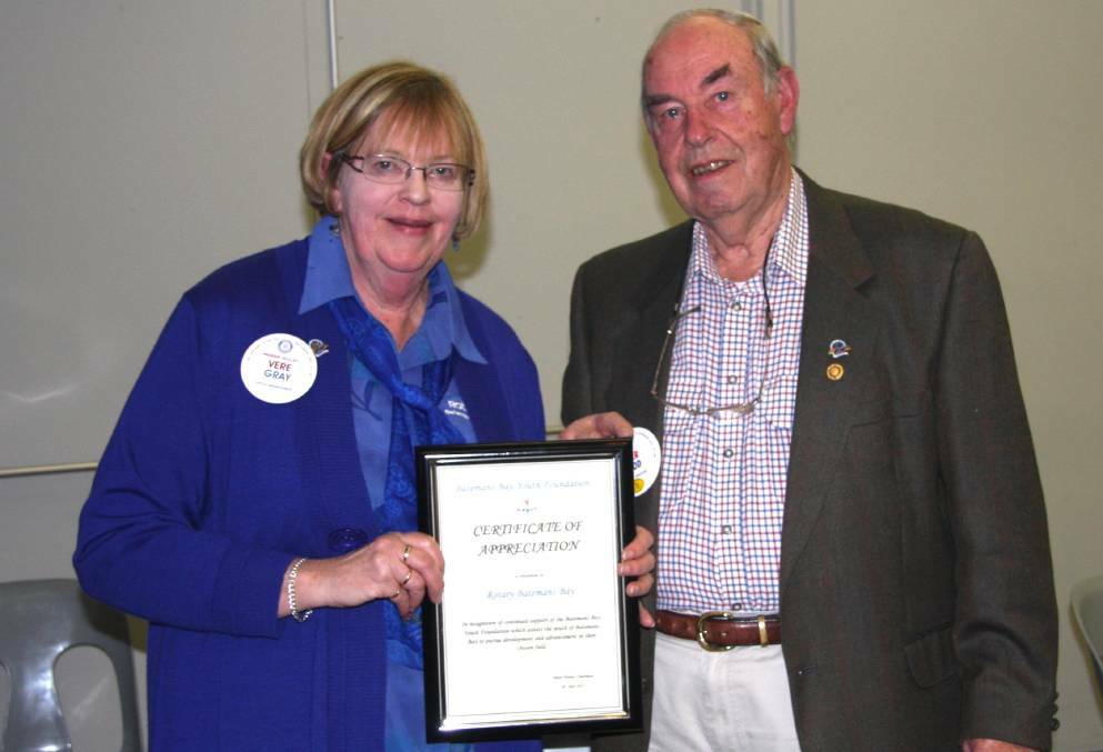 Peter Wood in 2015 with then-president of Batemans Bay Rotary Vere Gray, celebrating the contributions of Rotary to the batemans Bay Youth Foundation.