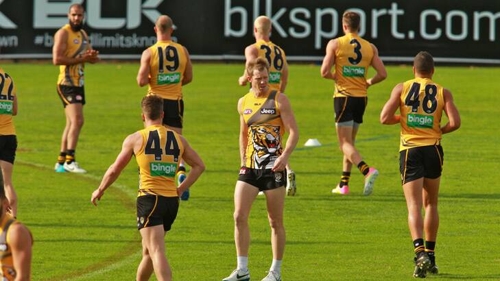 Foot in mouth: Jack Riewoldt at Richmond training on Thursday. Photo: Ken Irwin