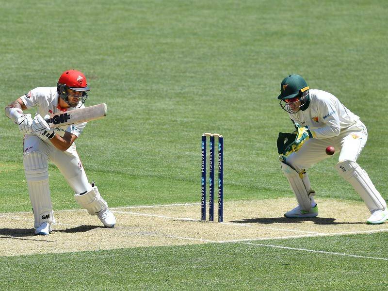 Jake Weatherald (L) is 117 not out for South Australia in the Sheffield Shield match with Tasmania.