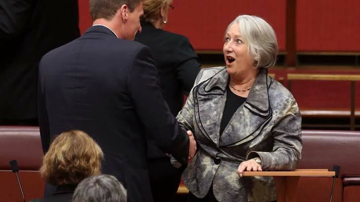 Senate farewell: Cory Bernardi congratulates fellow senator Sue Boyce after her speech. Photo: Andrew Meares