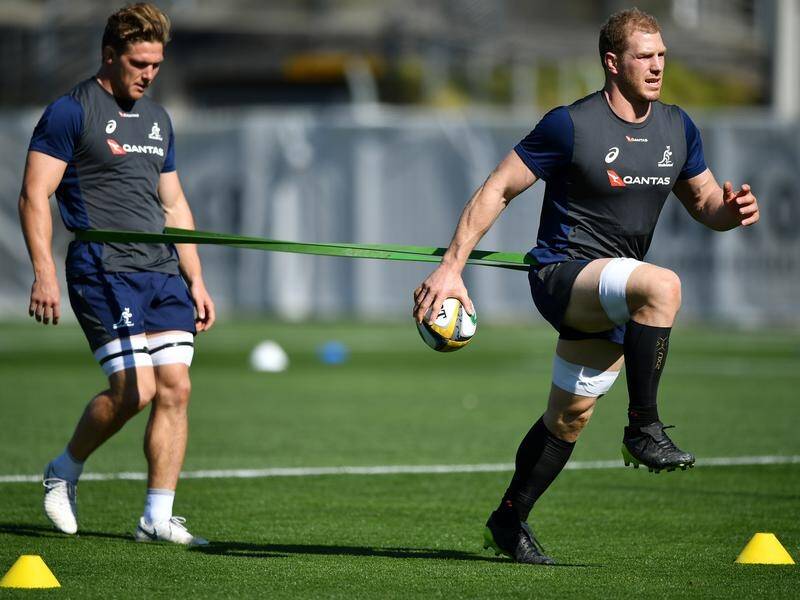 Michael Hooper (left) and David Pocock during a Wallabies training session this week.
