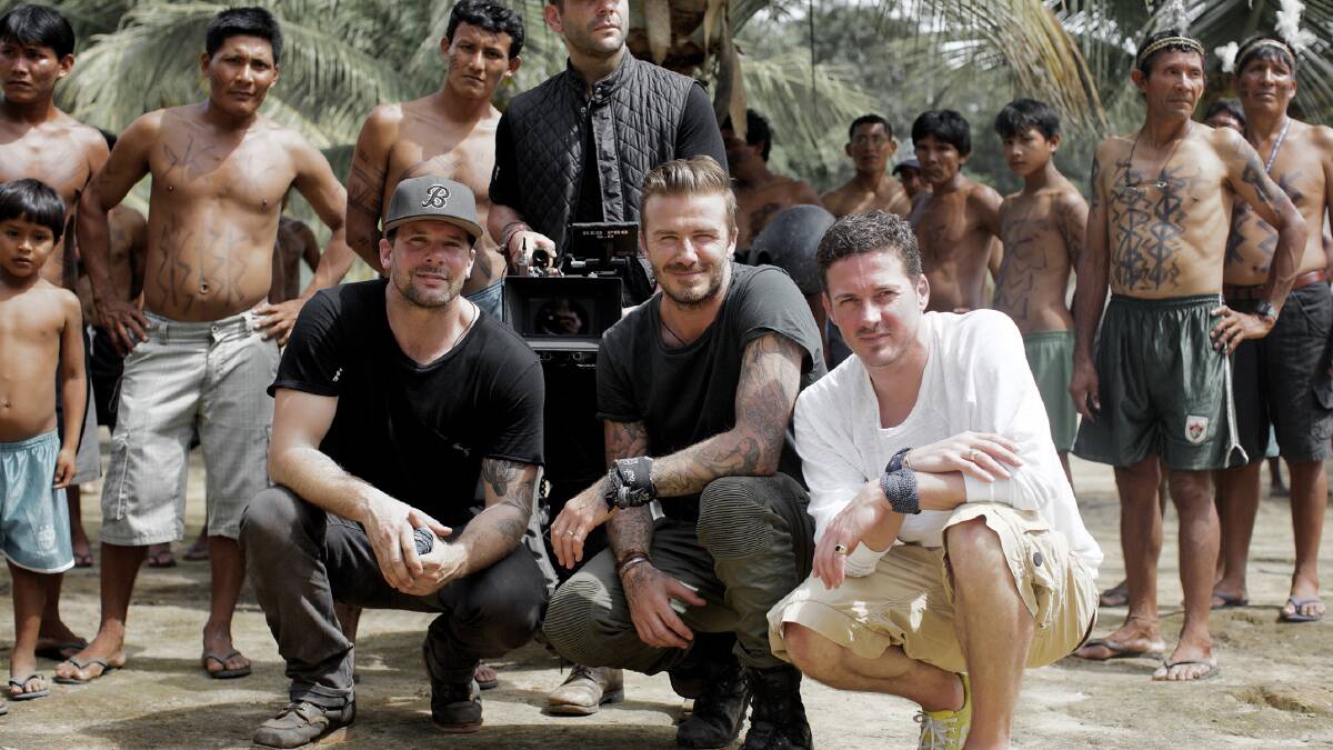 David Beckham and friends in the Amazon Rainforest. (Left to right) Derek White, Anthony Mandler, David Beckham and Dave Gardner. Photo: ABC.