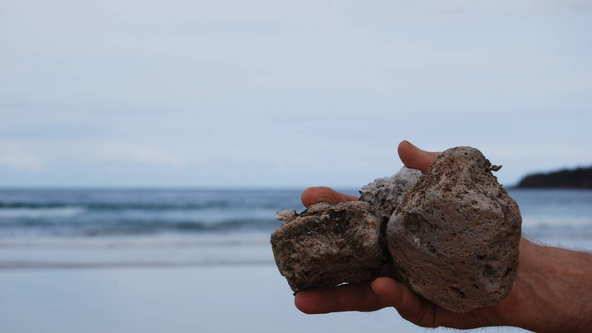 PAMBULA: Pumice stone from a New Zealand volcanic eruption washes ashore  on Pambula and Merimbula beaches.  