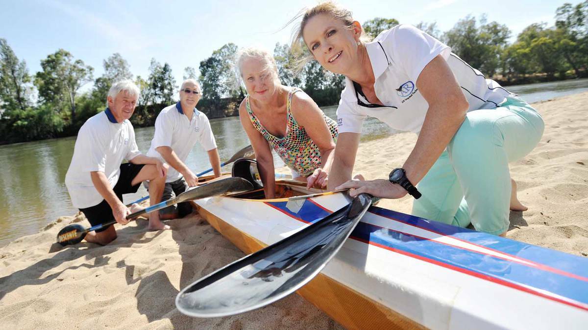 Marathon kayakers Peter Murphy, Bruce Graham, Jenny McIlquham and Glenys Noble at Wagga beach. Picture: Alastair Brook 
