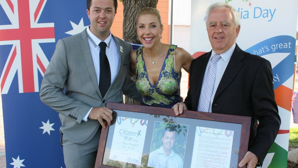 BEGA VALLEY: Bega Valley Shire Citizen of the Year Ryan Campbell is congratulated by Ambassador Catriona Rowntree and Mayor Bill Taylor. 