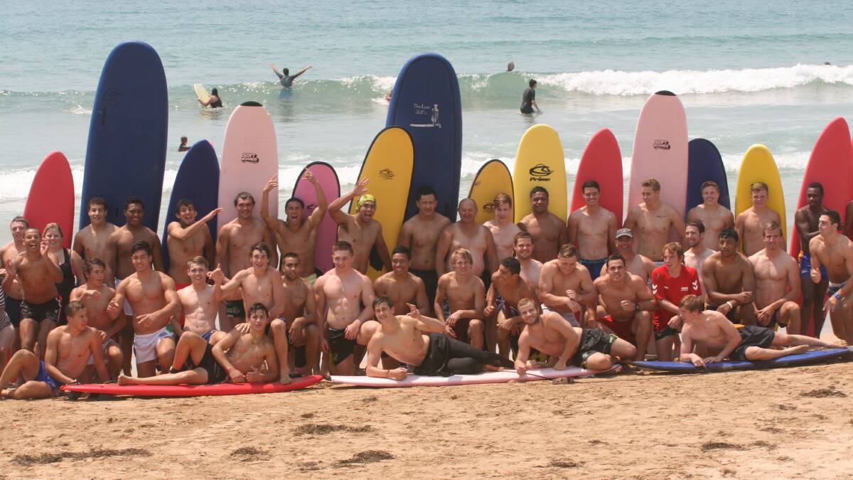BROULEE: The Canberra Raiders junior squads have been enjoying boot camp on the beach. PICTURE: Surf the Bay Surf School 