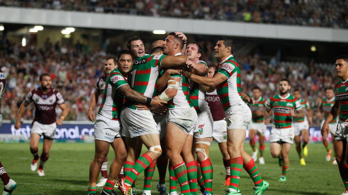 
NRL. Round 2. Manly vs Souths. Central Coast Stadium, Gosford. Sam Burgess goes in to score for the Bunnies Friday, March 14. Photos: Anthony Johnson