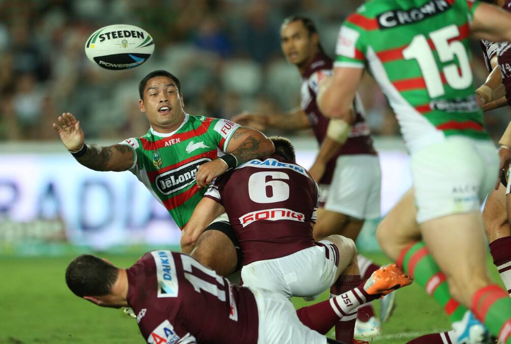 
NRL. Round 2. Manly vs Souths. Central Coast Stadium, Gosford. Sam Burgess goes in to score for the Bunnies Friday, March 14. Photos: Anthony Johnson