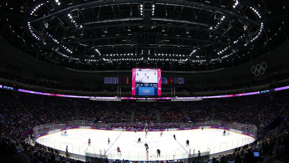 A general view during the Men's Ice Hockey Preliminary Round Group A game between Russia and the United States on day eight of the Sochi 2014 Winter Olympics at Bolshoy Ice Dome. Photo by Clive Mason/Getty Images.