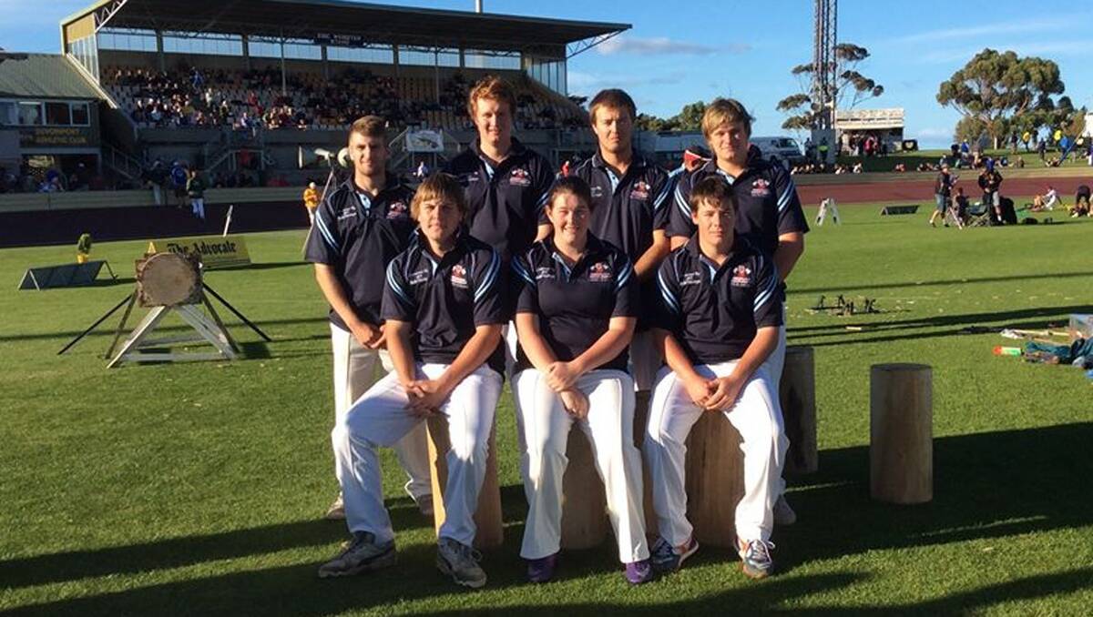 NSW woodchop competitors (back) Jake Richardson, Matt Knight, Blake Marsh, David Reumer and (front) Jackson Standen, Cheyanne Girvan and Steven Waters, who travelled to Tasmania recently. 