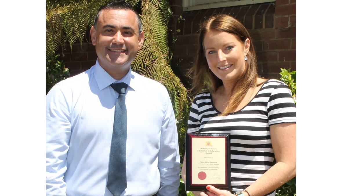 St Joseph’s teacher Alice Shannon was presented with the inaugural Member for Monaro Excellence in Education Award for 2013 by MP John Barilaro.