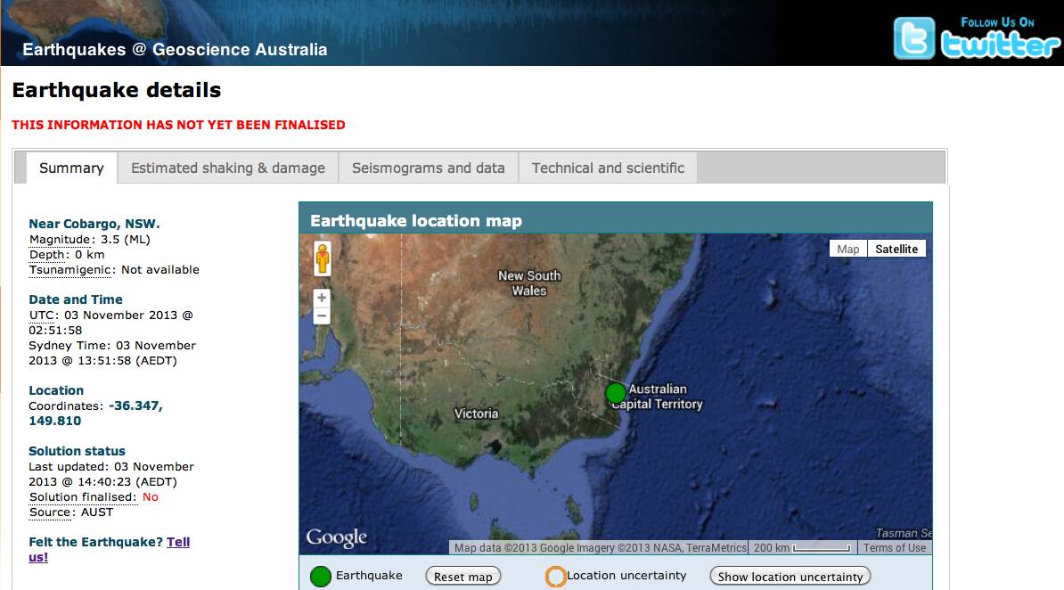 EARTHQUAKE MAP: Sunday afternoon’s earthquake at Cobargo is now listed on the Geosciences Australia website. 