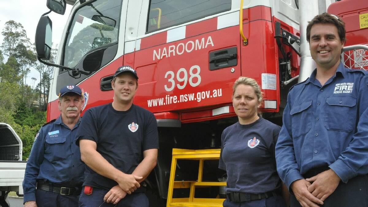 NAROOMA: Narooma Fire & Rescue NSW firefighters depart Batemans Bay for the Blue Mountains on Tuesday   afternoon. Pictured are Bryan Merry, Jon Lodge, Linda Wilton and Johnno Dudley.