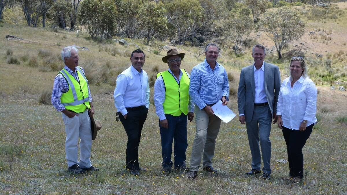 NIMITABEL: A secure water supply for the Monaro village of Nimmitabel is a step closer to reality after the promise of $5.3 million in state funding. Acting Premier Andrew Stoner (second from right) visited the proposed Lake Wallace dam site with state Member John Barilaro (second from left) together with councillors Martin Hughes, Tony Kaltoum, Bronnie Taylor and mayor Dean Lynch.  